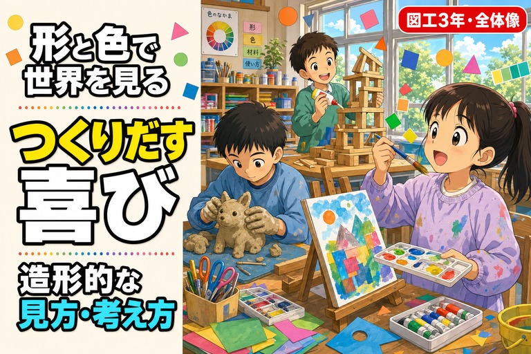 絵の具で色を塗る児童、粘土で形をつくる児童、木材を組み合わせる児童が描かれたアニメ風イラスト。「造形的な見方・考え方」のテキスト入り