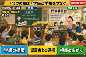 左に学級会で「うちのクラスの提案」を持って黒板（議題：6年生を送る会／うちのクラスから提案しよう）の前で報告する男児と挙手する級友、右に代表委員会で各学年の代表が並ぶ中、挙手して発言する女児、中央に学級⇄学校の双方向矢印を描いたアニメ風イラスト。「学級としての提案／他学級・他学年を考える／学校の一員として」のテキスト入り