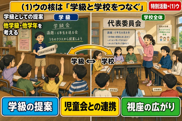左に学級会で「うちのクラスの提案」を持って黒板（議題：6年生を送る会／うちのクラスから提案しよう）の前で報告する男児と挙手する級友、右に代表委員会で各学年の代表が並ぶ中、挙手して発言する女児、中央に学級⇄学校の双方向矢印を描いたアニメ風イラスト。「学級としての提案／他学級・他学年を考える／学校の一員として」のテキスト入り