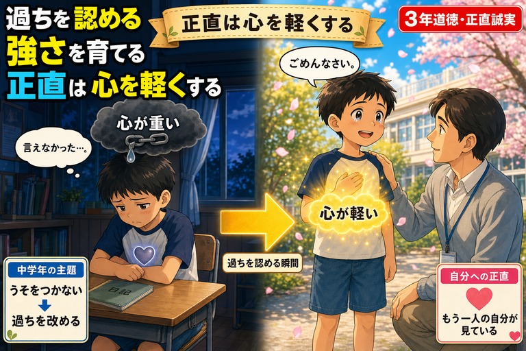左に俯いて「言えなかった…」と心が重い3年男子、右に「ごめんなさい」と告白して教師に寄り添われる同じ男子のbefore/after対比アニメ風イラスト。中央に「過ちを認める瞬間」の金色矢印。「過ちを認める強さを育てる 正直は心を軽くする」のテキスト入り