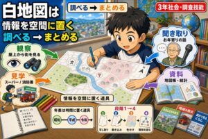 3年男子が机で白地図に色鉛筆で書き込むアニメ風イラスト。観察・見学・聞き取り・資料の4つの調査方法カードが白地図に矢印で流入し、年表・段階1→4のカード入り。「白地図は情報を空間に置く 調べる→まとめる」のテキスト入り