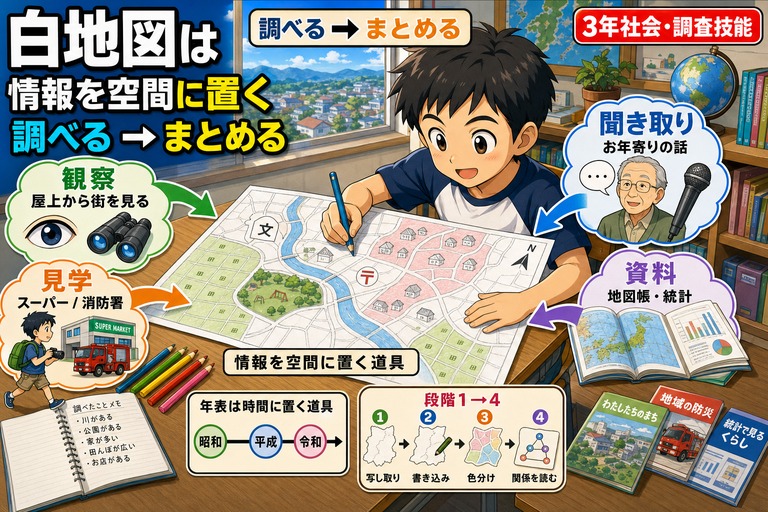 3年男子が机で白地図に色鉛筆で書き込むアニメ風イラスト。観察・見学・聞き取り・資料の4つの調査方法カードが白地図に矢印で流入し、年表・段階1→4のカード入り。「白地図は情報を空間に置く 調べる→まとめる」のテキスト入り