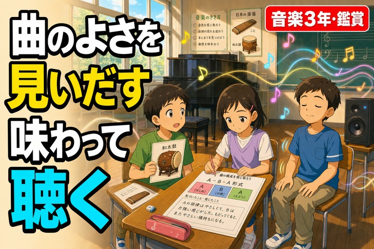 目を閉じて音楽を聴く児童、手で拍を取りながら聴く児童、音楽の構造を色分けしたワークシートを前にした児童が描かれたアニメ風イラスト。「曲のよさを見いだし、味わって聴く」のテキスト入り