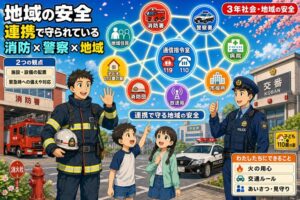 消防士と警察官、児童2名が街角に立つアニメ風イラスト。中央には通信指令室（119/110）をハブに、消防署・警察署・病院・市役所・放送局・消防団・子ども110番の家・地域住民をつなぐ安全のネットワーク図。「地域の安全 連携で守られている 消防×警察×地域」のテキスト入り
