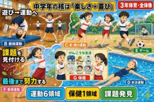 体育館と校庭とプールを1枚にまとめたアニメ風イラスト。3年生の体育7領域（B器械運動の前転、C走・跳の運動のリレー、A体つくり運動の体ほぐし、D水泳運動の背浮き、Eゲームのサッカー、F表現運動のダンス、G保健「けんこうな生活」ポスター）を体操服姿の児童たちが同時に表現。「遊び→運動へ／課題を見付ける／最後まで努力する」のテキスト入り