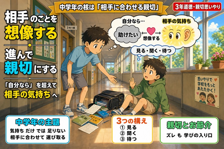 校舎廊下で荷物を落とした友達を助けようとして手を止める3年生男子のアニメ風イラスト。相手は「自分でできるよ」と手を上げ、頭上に「自分なら…⇄相手の気持ち」の思考バブルが浮かぶ。「相手のことを想像する／進んで親切にする／『自分なら』を超えて相手の気持ちへ」のテキスト入り