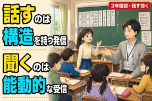 3年生の女の子が発表し、若手男性教師が傾聴するアニメ風の教室イラスト。「話すのは構造を持つ発信、聞くのは能動的な受信」のテキスト入り。
