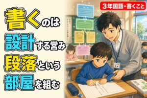 原稿用紙に書く3年生男子に若手男性教師が助言するアニメ風の教室イラスト。背景に段落構成カードが浮かぶ。「書くのは設計する営み、段落という部屋を組む」のテキスト入り。