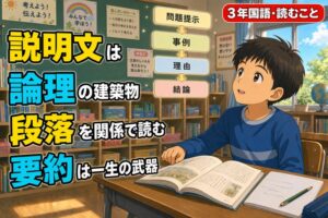 教科書を開きながら、宙に浮かぶ段落構造図（問題提示→事例→理由→結論）を見上げて考える小学3年生の男の子のアニメ風イラスト。「説明文は論理の建築物、段落を関係で読む、要約は一生の武器」のテキスト入り