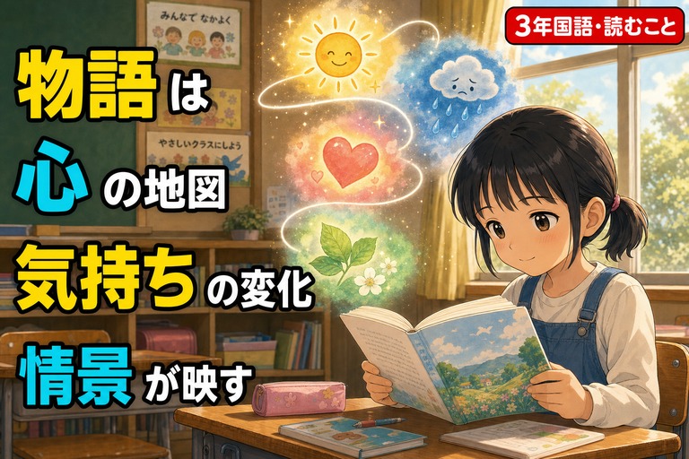 物語を読む小学3年生の女の子と、頭上に浮かぶ感情のアイコン（太陽・雨雲・ハート・葉）が流れる線でつながるアニメ風イラスト。「物語は心の地図、気持ちの変化、情景が映す」のテキスト入り