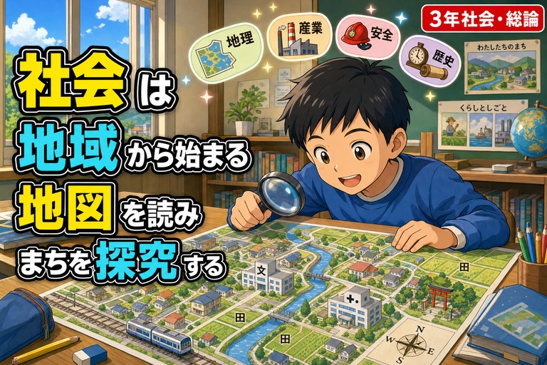 虫眼鏡で町の地図を覗き込む小学3年生のアニメ風イラスト。地図には学校・病院・神社などの地図記号が描かれ、頭上に「地理・産業・安全・歴史」の4つのバッジ。「社会は地域から始まる、地図を読み、まちを探究する」のテキスト入り