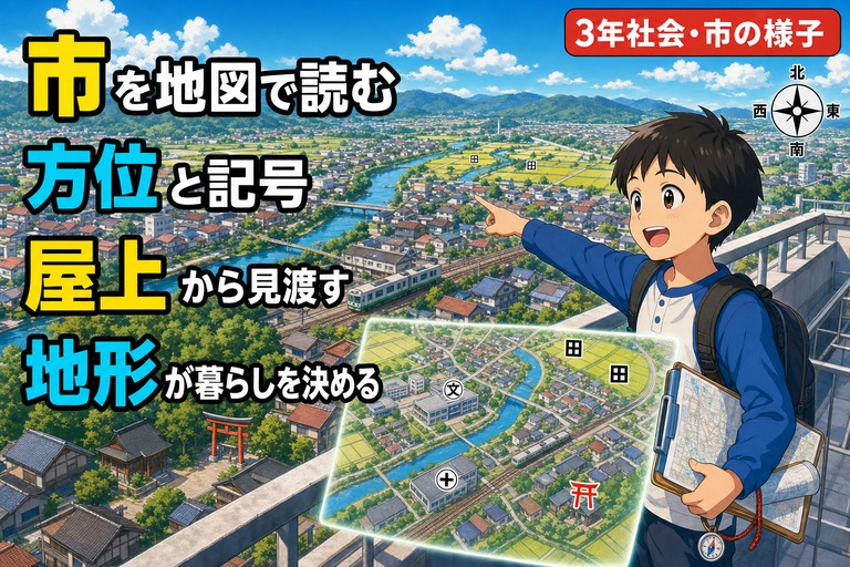 学校の屋上から町を指さす小学3年生のアニメ風イラスト。山・川・田んぼ・町並みが広がる風景と、手元の白地図に学校・病院・神社・田んぼの地図記号、右上に方位記号。「市を地図で読む、方位と記号、屋上から見渡す、地形が暮らしを決める」のテキスト入り