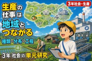 黄色い帽子の小学生男子がクリップボードに記録しながら、左に農家（田・トラクター・農夫）、右に工場（煙突・作業員）、上部に田記号と工場記号を配した町の地図を見るアニメ風イラスト。「生産の仕事は地域とつながる／種類・分布・工程／3年社会の単元研究」のテキスト入り