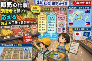 左に昭和のセピア風景（たらいで洗うおばあさん・蒸気機関車）、右に現代の街、中央でおじいさんが児童2名に語るアニメ風イラスト。5観点（交通・公共施設・土地利用・人口・道具）の時間軸タイムライン入り。「市の移り変わり 時間の地層を読む 5観点で変化を捉える」のテキスト入り
