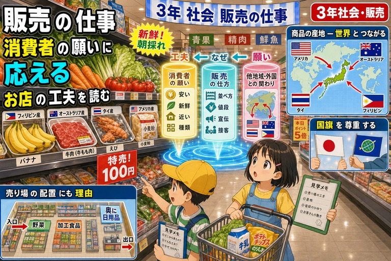 3年生女子と男子がスーパーマーケットを見学するアニメ風イラスト。原産国旗付き商品（バナナ・牛肉・えび・小麦粉）、3本柱ホログラム（消費者の願い・販売の仕方・他地域や外国との関わり）、世界地図、国旗の尊重、売り場配置図、「販売の仕事」「消費者の願いに応える」「お店の工夫を読む」のテキスト入り