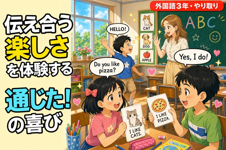友達同士で英語カードを見せ合いながら好きなものを伝え合う児童、ALTとジェスチャーを交えて挨拶する児童、ペアで質問し合いながらメモを取る児童が描かれたアニメ風イラスト。「伝え合う楽しさを体験する」のテキスト入り