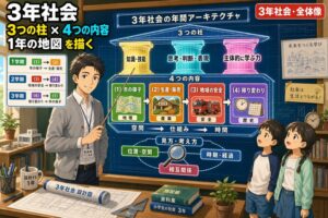 教師が指し棒で「3年社会の年間アーキテクチャ」設計図を説明し、児童2名が見上げるアニメ風イラスト。3つの柱（知識技能・思考判断表現・主体的に学ぶ力）が屋根を支え、4つの内容ボックス（市の様子・生産販売・地域の安全・移り変わり）が空間→仕組み→時間で連結。「3年社会 3つの柱×4つの内容 1年の地図を描く」のテキスト入り