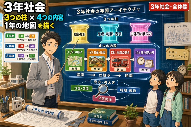 教師が指し棒で「3年社会の年間アーキテクチャ」設計図を説明し、児童2名が見上げるアニメ風イラスト。3つの柱（知識技能・思考判断表現・主体的に学ぶ力）が屋根を支え、4つの内容ボックス（市の様子・生産販売・地域の安全・移り変わり）が空間→仕組み→時間で連結。「3年社会 3つの柱×4つの内容 1年の地図を描く」のテキスト入り
