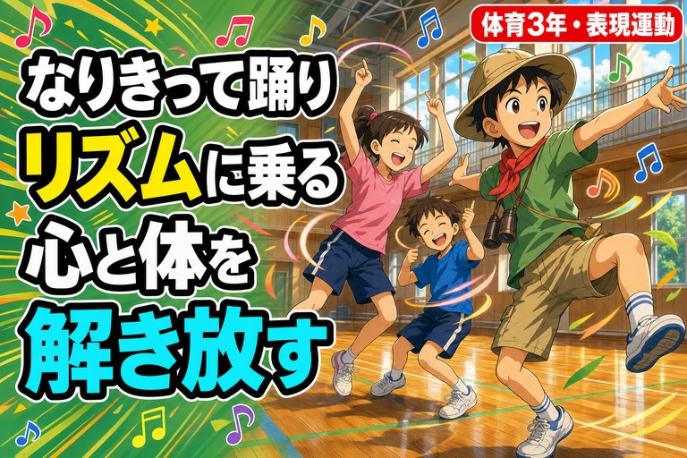 ジャングル探検をイメージして踊る児童、ロックのリズムで弾んで踊る児童たちが描かれるアニメ風イラスト。「なりきって踊り、リズムに乗って踊る」のテキスト入り