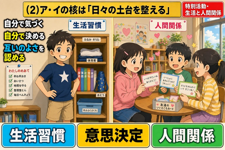 教室を二分した構成のアニメ風イラスト。左に「生活習慣」のサインと、整理整頓されたロッカー（体育着・教科書・水とう）の前で誇らしげに立つ男児と「わたしのめあて」チェックリスト、右に「人間関係」のサインと、円卓で「友達のいいところカード」を見せ合って笑顔で交換する女児と仲間たち。「自分で気づく／自分で決める／互いのよさを認める」のテキスト入り