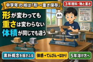 理科室で粘土を平たくして大型てんびんに載せ「あれ」と驚く3年生男児と、左側の小型てんびんで木と金属の同体積立方体を比べるアニメ風イラスト。「形が変わっても重さは変わらない、体積が同じでも違う」のテキスト入り