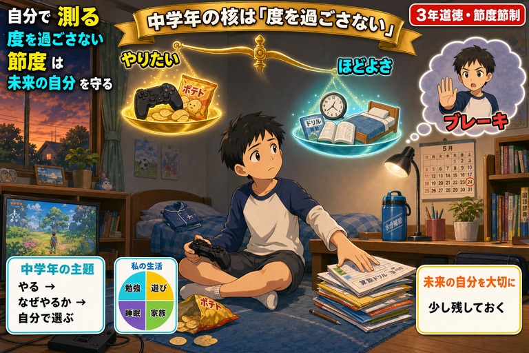 自室でゲームをやめようか迷う3年生男子のアニメ風イラスト。頭上に「やりたい」と「ほどよさ」を乗せた天秤が浮かび、もう一人の自分が「ブレーキ」と告げる。「自分で測る／度を過ごさない／節度は未来の自分を守る」のテキスト入り