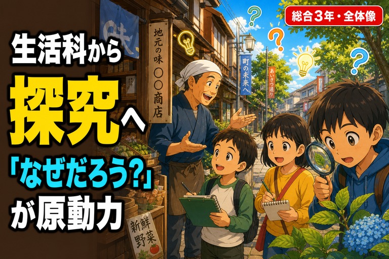虫眼鏡を手に地域を探検する児童、ノートにメモを取る児童、地域の人にインタビューする児童が描かれたアニメ風イラスト。「生活科から探究へ」のテキスト入り