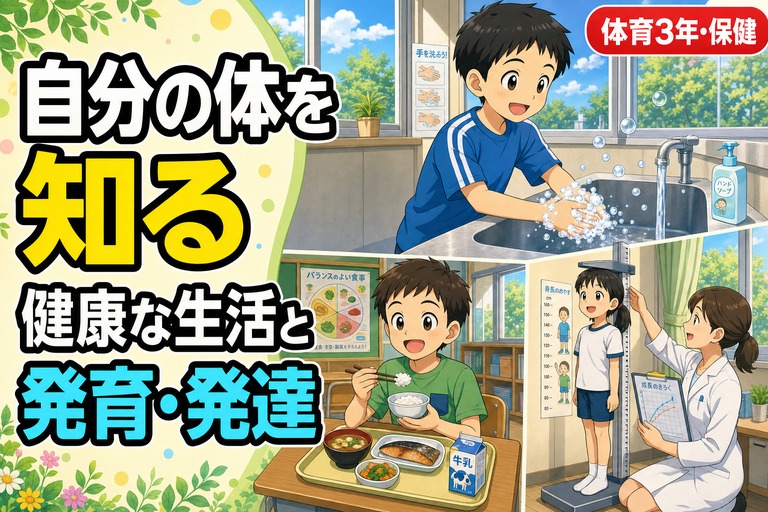 手洗いをする児童、バランスよく食事をする児童、身長を測る児童が描かれるアニメ風イラスト。「健康な生活と体の発育・発達」のテキスト入り