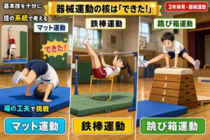 体育館での3パネル構成のアニメ風イラスト。左：青マットで前転する男児と壁倒立する女児のインセット（マット運動）、中央：補助器具つき鉄棒で逆上がりに挑む女児（鉄棒運動）、右：4段の跳び箱を開脚跳びで跳ぶ男児（跳び箱運動）。「できた！」の吹き出しと「基本技を十分に／技の系統で考える／場の工夫で挑戦」のテキスト入り
