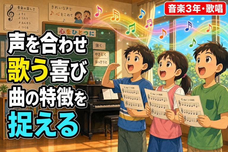 楽譜を見ながら声を合わせて歌う日本人児童たちが描かれたアニメ風イラスト。「声を合わせ、曲の特徴を捉えて歌う」のテキスト入り