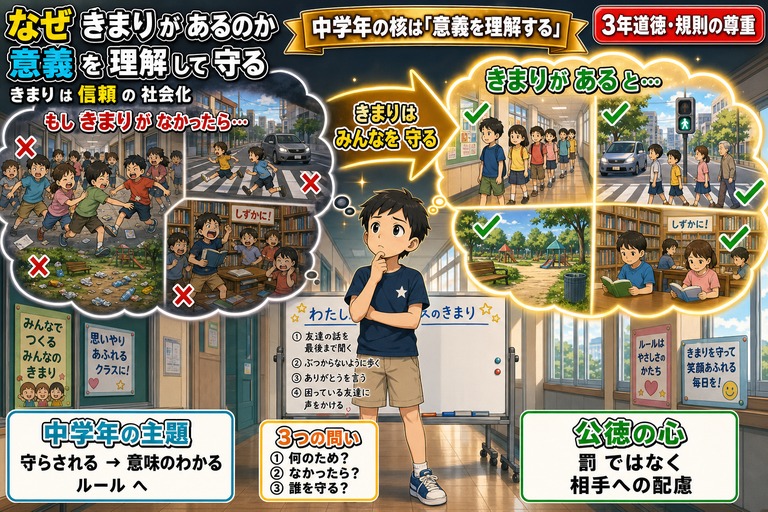 3年生男子が二つの思考バブル（きまりがない混沌の世界と、きまりのある調和の世界）を見上げるアニメ風イラスト。「なぜきまりがあるのか／意義を理解して守る／きまりは信頼の社会化」のテキスト入り
