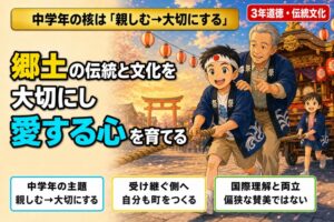 法被姿の3年生男児が山車の綱を引き、後ろから祖父世代の男性が肩に手を添えて教える、神社の鳥居と提灯が並ぶ祭りの場面のアニメ風イラスト。「郷土の伝統と文化を大切にし、愛する心を育てる」のテキスト入り