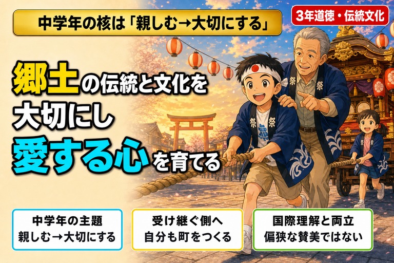 法被姿の3年生男児が山車の綱を引き、後ろから祖父世代の男性が肩に手を添えて教える、神社の鳥居と提灯が並ぶ祭りの場面のアニメ風イラスト。「郷土の伝統と文化を大切にし、愛する心を育てる」のテキスト入り