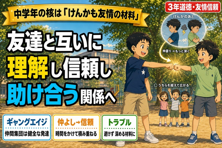 3年生の二人の男子が校庭で笑顔のフィストバンプをしているアニメ風イラスト。右上に「けんかのあと」の背中合わせフラッシュバックと「仲直り→もっと深く」の矢印、背後に「うちらを超えて広がる」クラスメイトを配置。「友達と互いに／理解し信頼し／助け合う関係へ」のテキスト入り