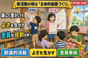 明るい教室で同時並行に活動する3つの係。壁に「クラス新聞」を貼る新聞係の男児、ホワイトボードの前で「あそびきかく」を仲間に説明する遊び係の女児、机で折り紙の桜を作る飾り係の男児を描いたアニメ風イラスト。「楽しく豊かにする／よさを生かす／全員が役割を持つ」のテキスト入り
