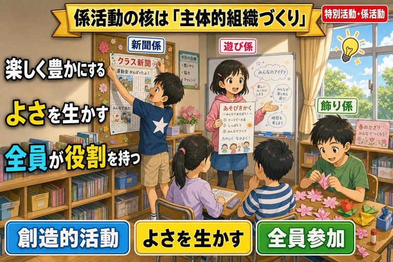 明るい教室で同時並行に活動する3つの係。壁に「クラス新聞」を貼る新聞係の男児、ホワイトボードの前で「あそびきかく」を仲間に説明する遊び係の女児、机で折り紙の桜を作る飾り係の男児を描いたアニメ風イラスト。「楽しく豊かにする／よさを生かす／全員が役割を持つ」のテキスト入り
