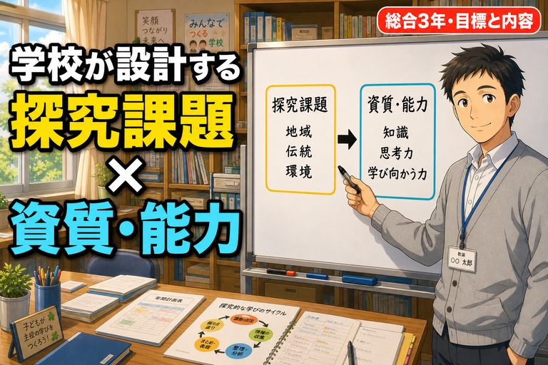「探究課題」と「資質・能力」の2つの枠が書かれたホワイトボードを前に、話し合う教師たちと、地域を探検する児童が描かれたアニメ風イラスト。「探究課題と資質・能力の設計」のテキスト入り