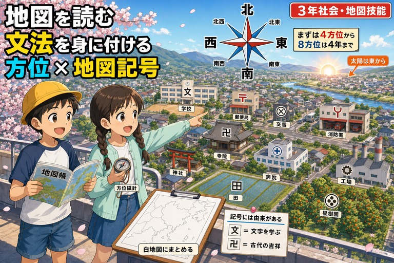 屋上から街を見下ろす3年男子（地図帳）と女子（方位磁針）のアニメ風イラスト。街の建物には地図記号（文・〒・卍・田など）が直接配置され、上空に8方位コンパスローズ。「地図を読む 文法を身に付ける 方位×地図記号」のテキスト入り