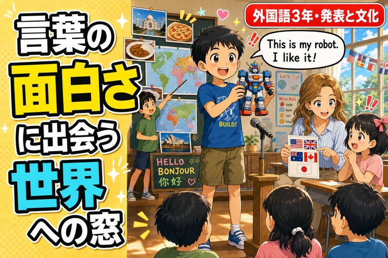 クラスの前で好きなものを見せながら英語で発表する児童、世界の国旗カードを並べて違いを話し合う児童、ALTの先生から外国の遊びを教わる児童が描かれたアニメ風イラスト。「言葉の面白さに出会う」のテキスト入り