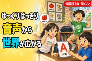 ALTの英語を集中して聞く児童、英語の歌に合わせて体を動かす児童、アルファベットカードを指しながら名称を聞き取る児童が描かれたアニメ風イラスト。「音声から世界が広がる」のテキスト入り