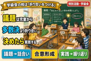コの字型に並んだ机で行う学級会。司会の男児、記録のノートを取る女児、手を挙げて発言する児童たち、議題箱、黒板に「議題：みんなで楽しい休み時間にしよう／提案理由／出された意見（・おにごっこ ・ドッジボール ・読書タイム）／決まったこと」と整理された板書が描かれるアニメ風イラスト。「議題は児童から／多数決より折り合い／決めたら実践する」のテキスト入り