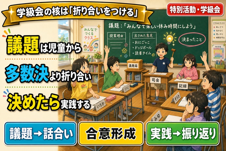 コの字型に並んだ机で行う学級会。司会の男児、記録のノートを取る女児、手を挙げて発言する児童たち、議題箱、黒板に「議題：みんなで楽しい休み時間にしよう／提案理由／出された意見（・おにごっこ ・ドッジボール ・読書タイム）／決まったこと」と整理された板書が描かれるアニメ風イラスト。「議題は児童から／多数決より折り合い／決めたら実践する」のテキスト入り