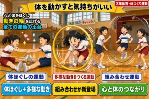 体育館でペアストレッチする児童、転がるフープをくぐる女子、長なわを跳ぶ3人を3パネルで描いたアニメ風イラスト。「体を動かすと気持ちがいい、心と体をほぐし動きの幅を広げる」のテキスト入り