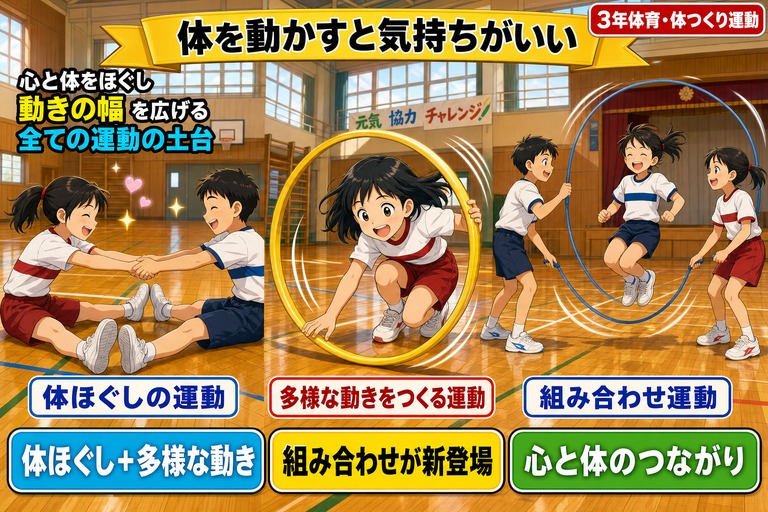 体育館でペアストレッチする児童、転がるフープをくぐる女子、長なわを跳ぶ3人を3パネルで描いたアニメ風イラスト。「体を動かすと気持ちがいい、心と体をほぐし動きの幅を広げる」のテキスト入り