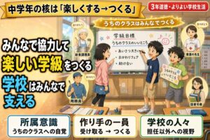 3人の3年生が「学級目標／うちのクラスのいいところ」をホワイトボードに書き込むアニメ風イラスト。背景に給食調理員・用務員・養護の先生・図書司書と「ありがとう」吹き出し。「みんなで協力して／楽しい学級をつくる／学校はみんなで支える」のテキスト入り