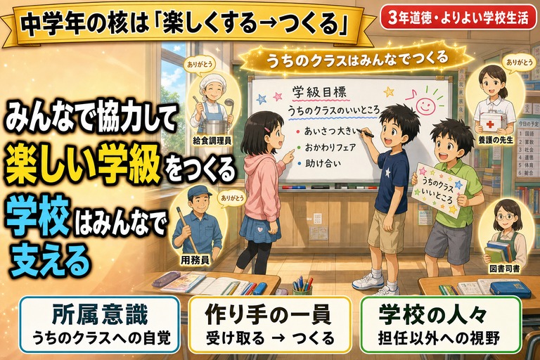 3人の3年生が「学級目標／うちのクラスのいいところ」をホワイトボードに書き込むアニメ風イラスト。背景に給食調理員・用務員・養護の先生・図書司書と「ありがとう」吹き出し。「みんなで協力して／楽しい学級をつくる／学校はみんなで支える」のテキスト入り