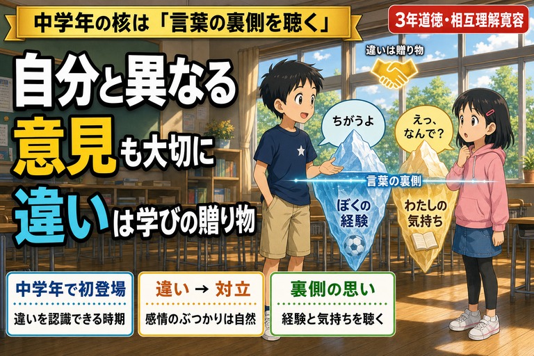 3年生の男子と女子が向き合い、氷山型の吹き出しで言葉（ちがうよ／えっなんで？）と水面下の経験・気持ちを対比したアニメ風イラスト。「自分と異なる／意見も大切に／違いは学びの贈り物」のテキスト入り