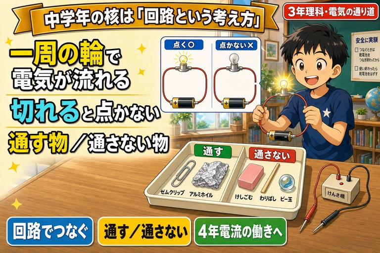 乾電池と豆電球を導線で輪につなぎ光らせる3年生男児、点く○/点かない×の比較回路図、ゼムクリップ/アルミホイル/けしごむ/わりばし/ビー玉の通す・通さない分類トレイを描いたアニメ風イラスト。「一周の輪で電気が流れる、切れると点かない、通す物／通さない物」のテキスト入り