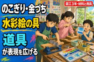 のこぎりで板材を切る児童、金づちで釘を打つ児童、水彩絵の具で色を混ぜる児童が描かれたアニメ風イラスト。「道具が表現を広げる」のテキスト入り