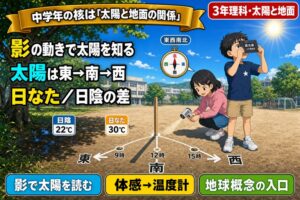 校庭で遮光板を使い太陽を見る3年生男児、棒の影に9時/12時/15時の印を付けた東→南→西の軌跡、放射温度計で日なた30℃と日陰22℃を比べる女児、東西南北の方位磁針を描いたアニメ風イラスト。「影の動きで太陽を知る、太陽は東→南→西、日なた／日陰の差」のテキスト入り